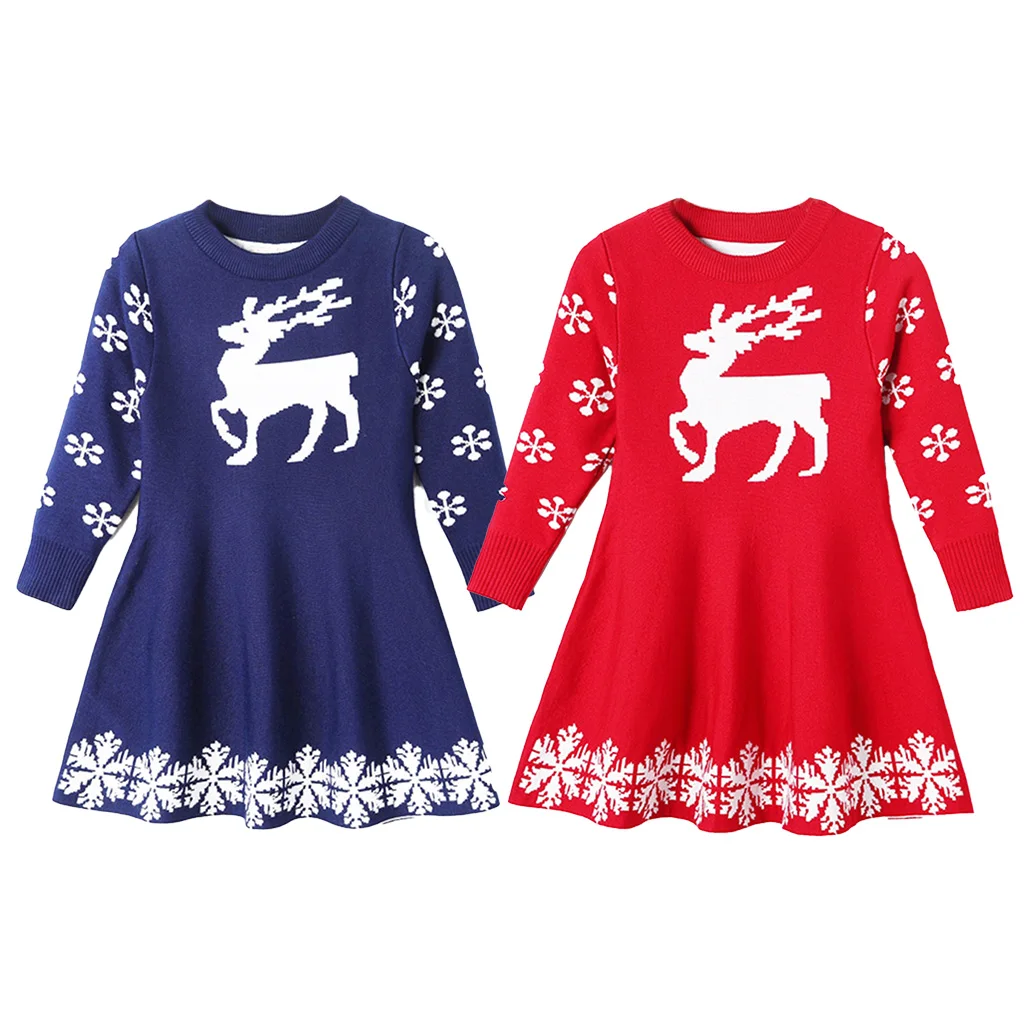 

2023 New Baby Dresses For Girls Christmas Children's Jumper Fawn Jacquard Dresses