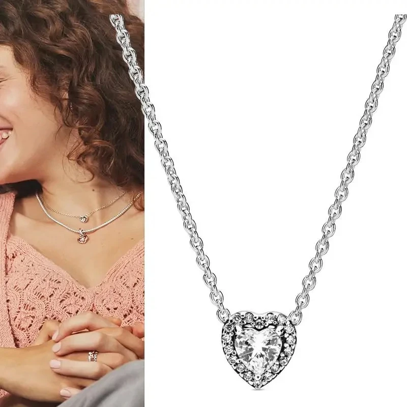 New Classic 100% 925 Silver Women's Sparkling Heart Logo Collar Necklace DIY Charming Jewelry Gifts Fashion Light Luxury