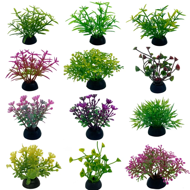 FixtureDisplays Green Plastic Leaf Plants – 4-Pack Aquarium Decor For Fish Tanks, 9 Inches Tall
