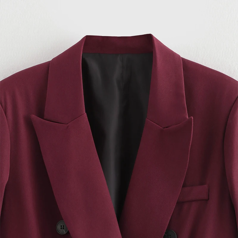 Fashion Burgundy Lapel Blazer Coat Women Elegant Double Breasted Full Sleeve Pocket Jacket Fall New Female Commute Outwear