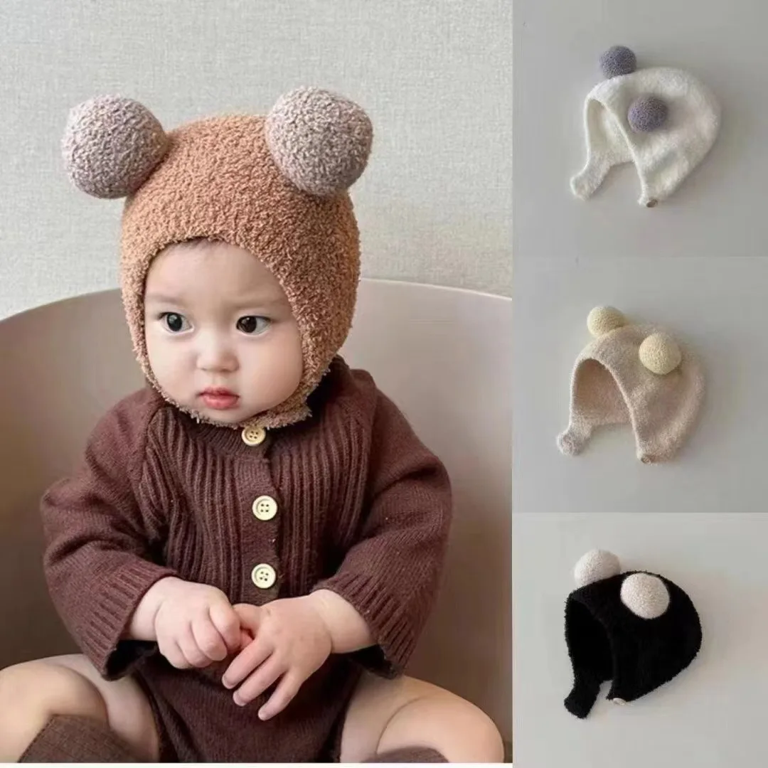 Autumn Winter New Baby Ear Protection Hat Warm and Cold Resistant Hat Comfortable Baby Double Ball Soft Glutinous Headband Hat