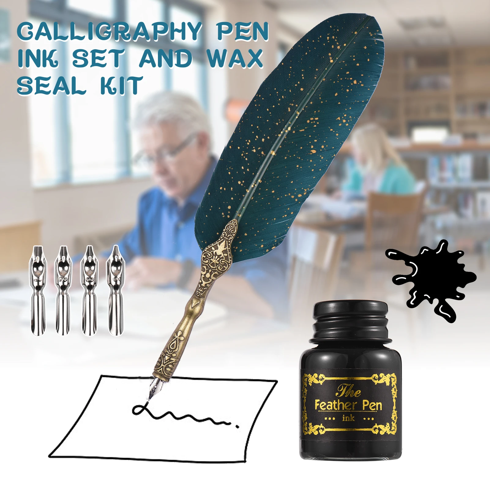 Quill Pen and Ink Set, Calligraphy Feather Pen Set with Wax Seal Stamp, Ink,  and