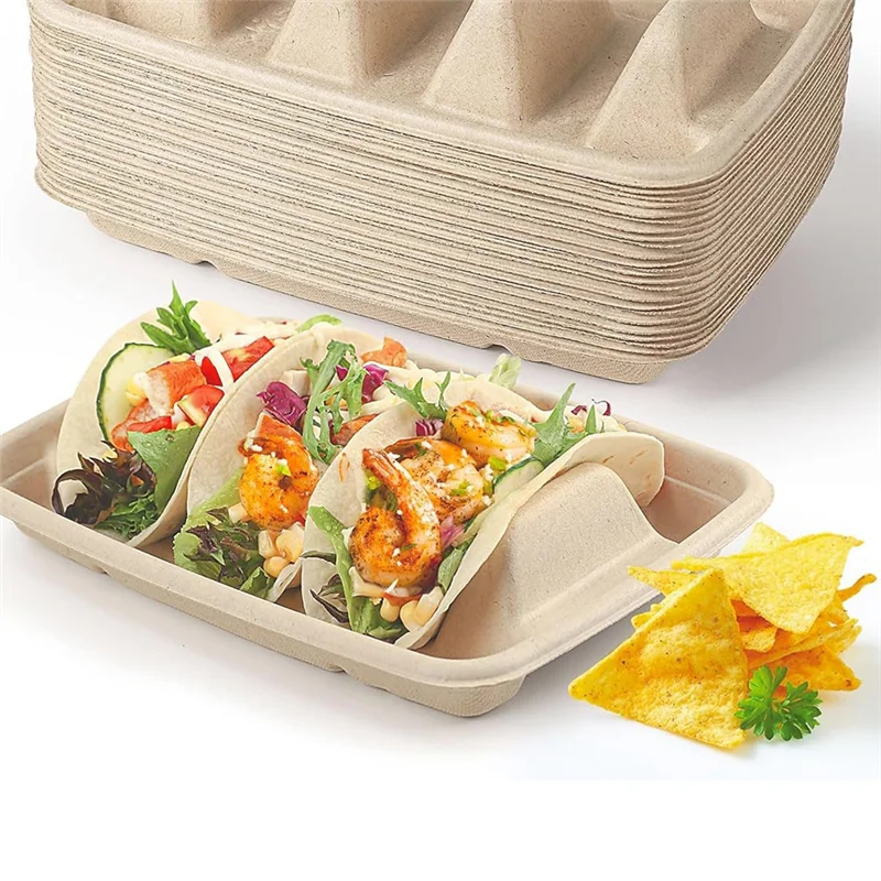Hot Selling-50 Pieces Biodegradable Disposable Taco Holder, 3 Compartments Paper Taco Plates, Made Of Sugarcane Fibers For Party