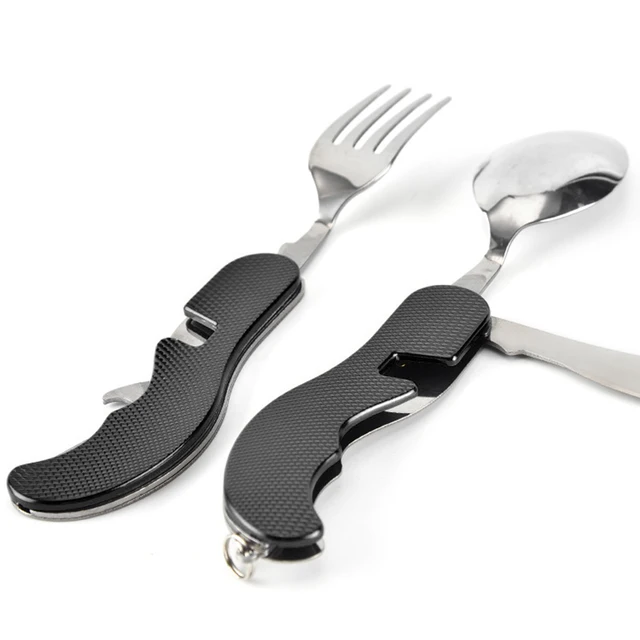 4 In 1 Outdoor Tableware Set Camping Cooking Supplies Stainless Steel Spoon Folding Pocket Kits Home Picnic Hiking Travel Tools black