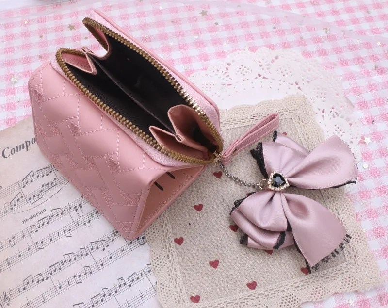 Japanese Style Sweet Cute Lace Bow Women's Bag Pendant Fashionable All-Match Embroidered Horizontal Square Bags Ladies Wallet