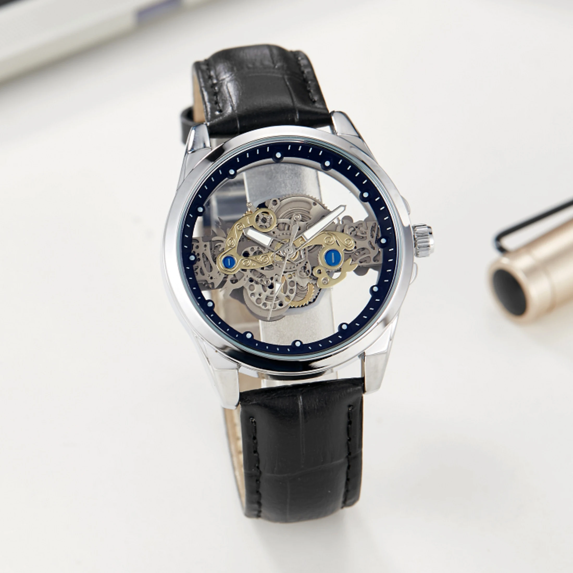 Skeleton Hollow Men Watches Luxury Steampunk Gold Sliver New Quartz Watch Stainless Steel Male Transparent Man Relogio Masculino
