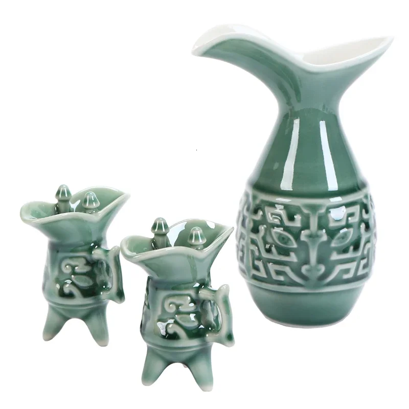 Chinese style ceramic wine set imitate ancient pot cup retro liquor separator flagon drinking winware gift box