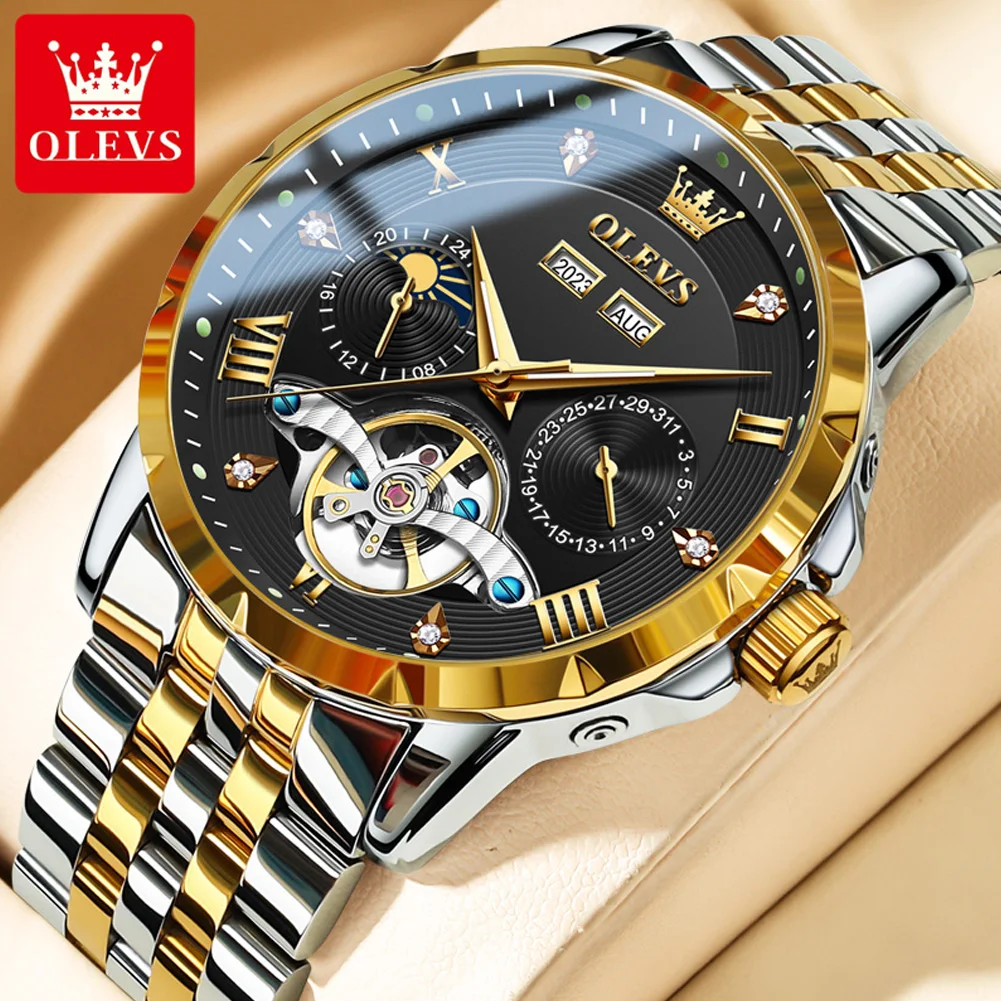 OLEVS Brand New Luxury Tourbillon Mechanical Watch for Men Stainless Steel Waterproof Calendar Fashion Moon Phases Watches Mens
