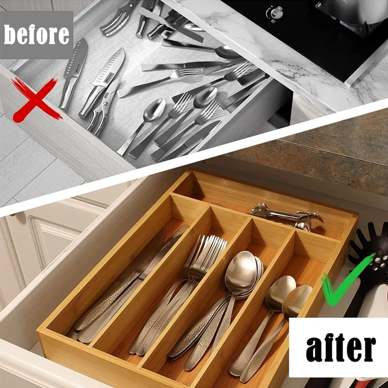 Bamboo Cutlery Silverware Tray Divider Storage Tray Rack Storage Box 5 Compartment Tray Kitchen Drawer Storage Rack 4