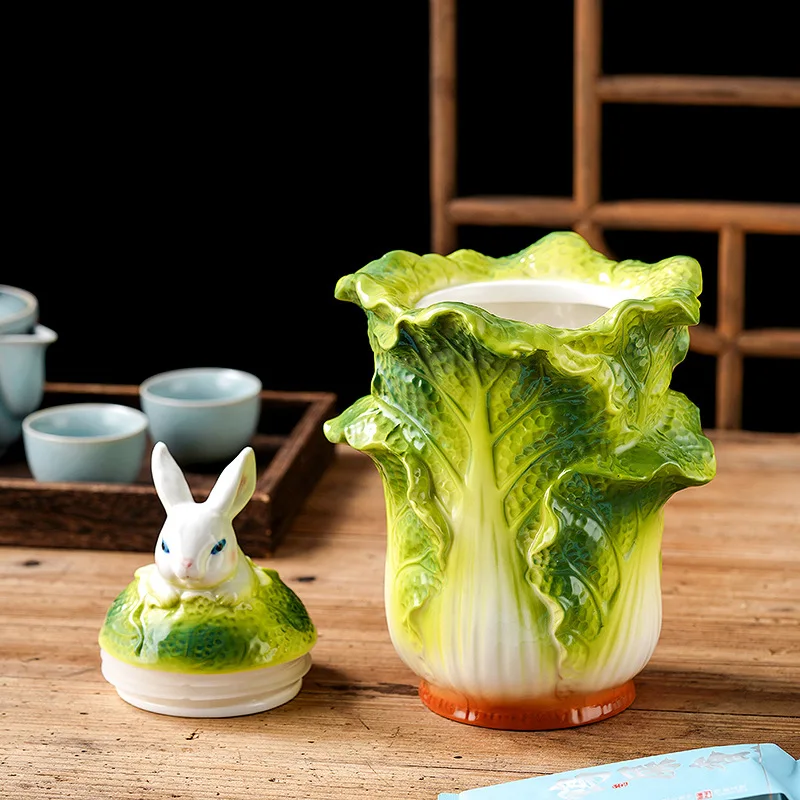 Creative Cabbage Rabbit Tea Jar Ceramic Decorative Jar Tea Sealed Storage Home Storage Container Decorative Accessories ceramic storage jar