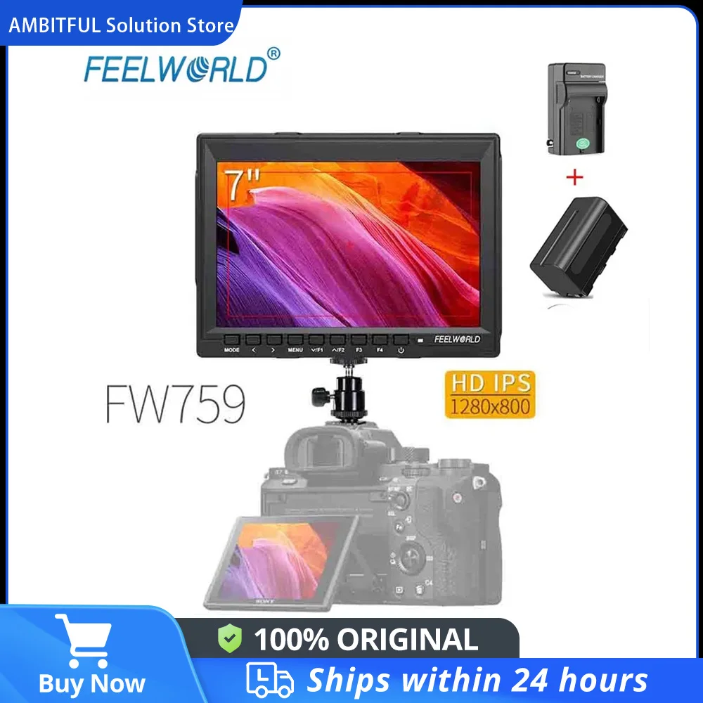 Feelworld FW759 7" 1280x800 IPS Camera Field DSLR Video Monitor with Peaking Focus HD LCD Monitor + NP750 Battery + Charger