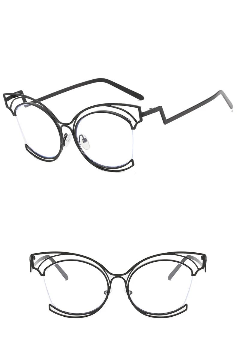 56755 Neue Halbrahmen Aushöhlen Optische Brillengestell Frauen Mode Cat Eye Metall Flache Spiegel Klare Locken Beine Brillen – Detail 10