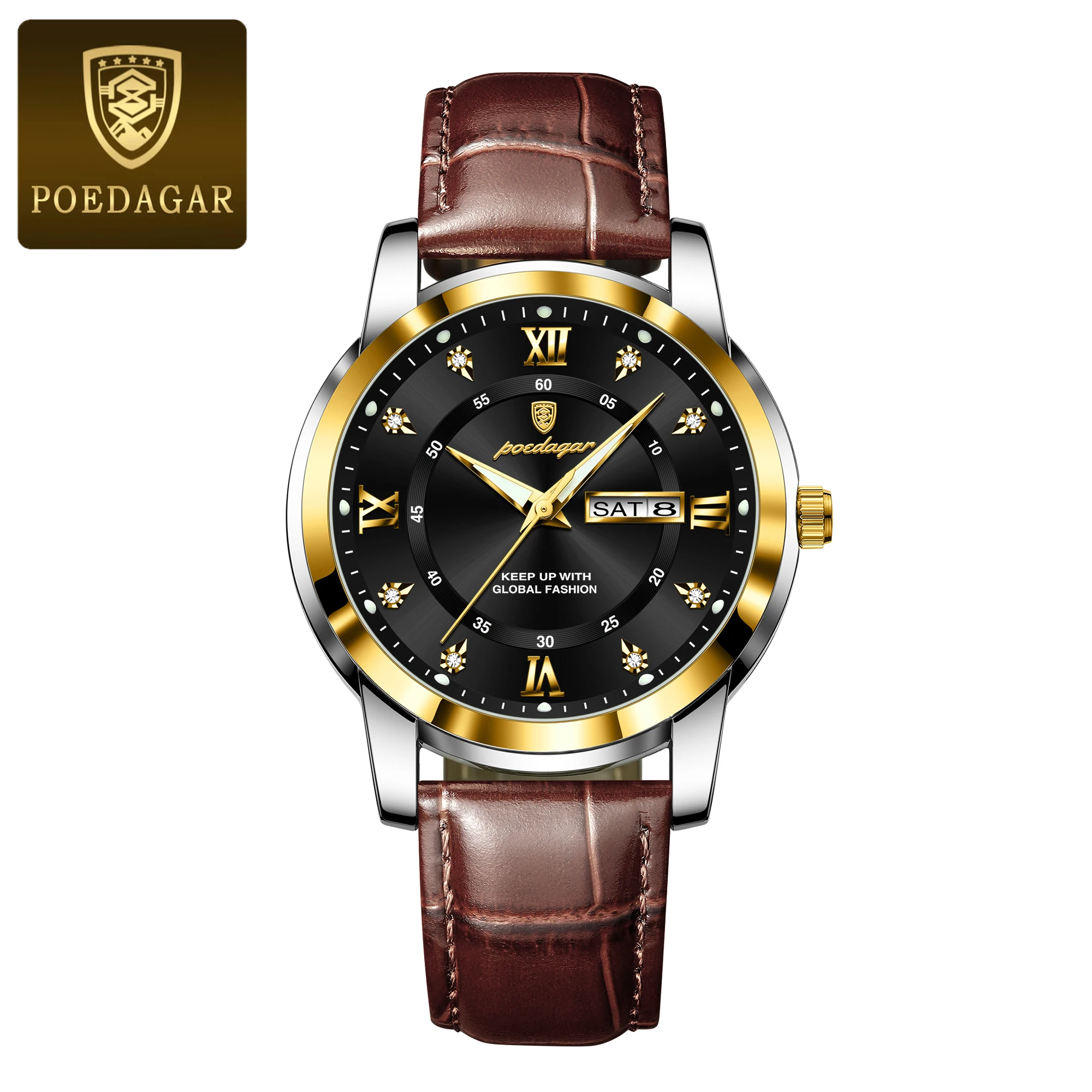 Men's Quartz Wristwatch With Luminous Date And Week Leather Strap_voghion.com