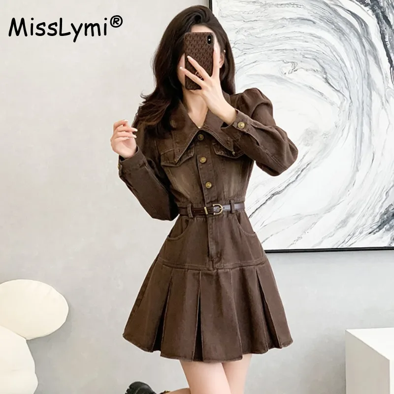 

Spicy Girls Retro Washed Denim Dress Women Clothing Autumn 2023 Korean Puff Long Sleeve High Waist A-Line Pleated Mini Dresses