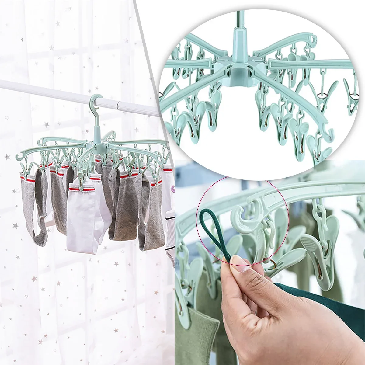 24 Clips Folding Clothes Dryer Rotatable Hanger Windproof Socks Underwear Drying Rack Home Storage Laundry Rack
