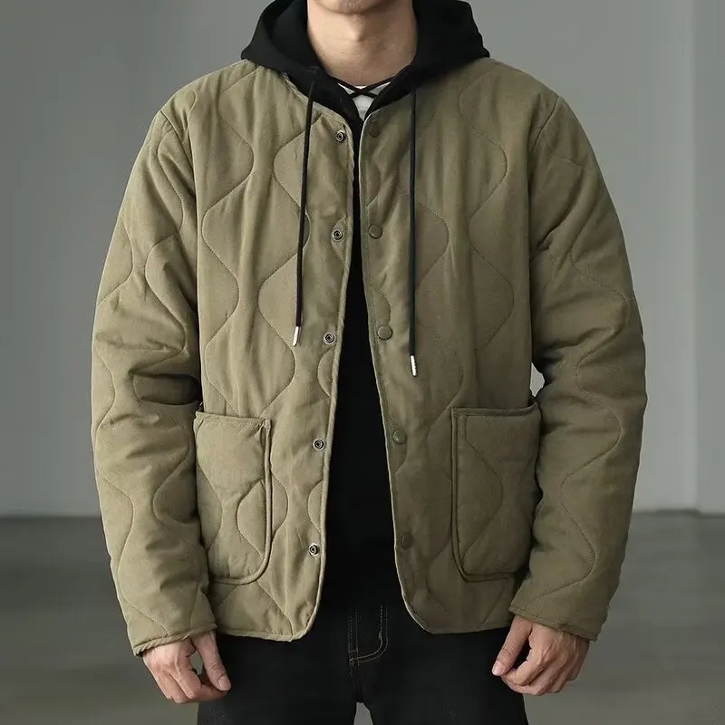 Amekaji Cotton Jacket Men Retro Solid Color Thermal Coat Autumn Winter Quilting Thickened Liner Casual Loose Crewneck Homme Tops 2
