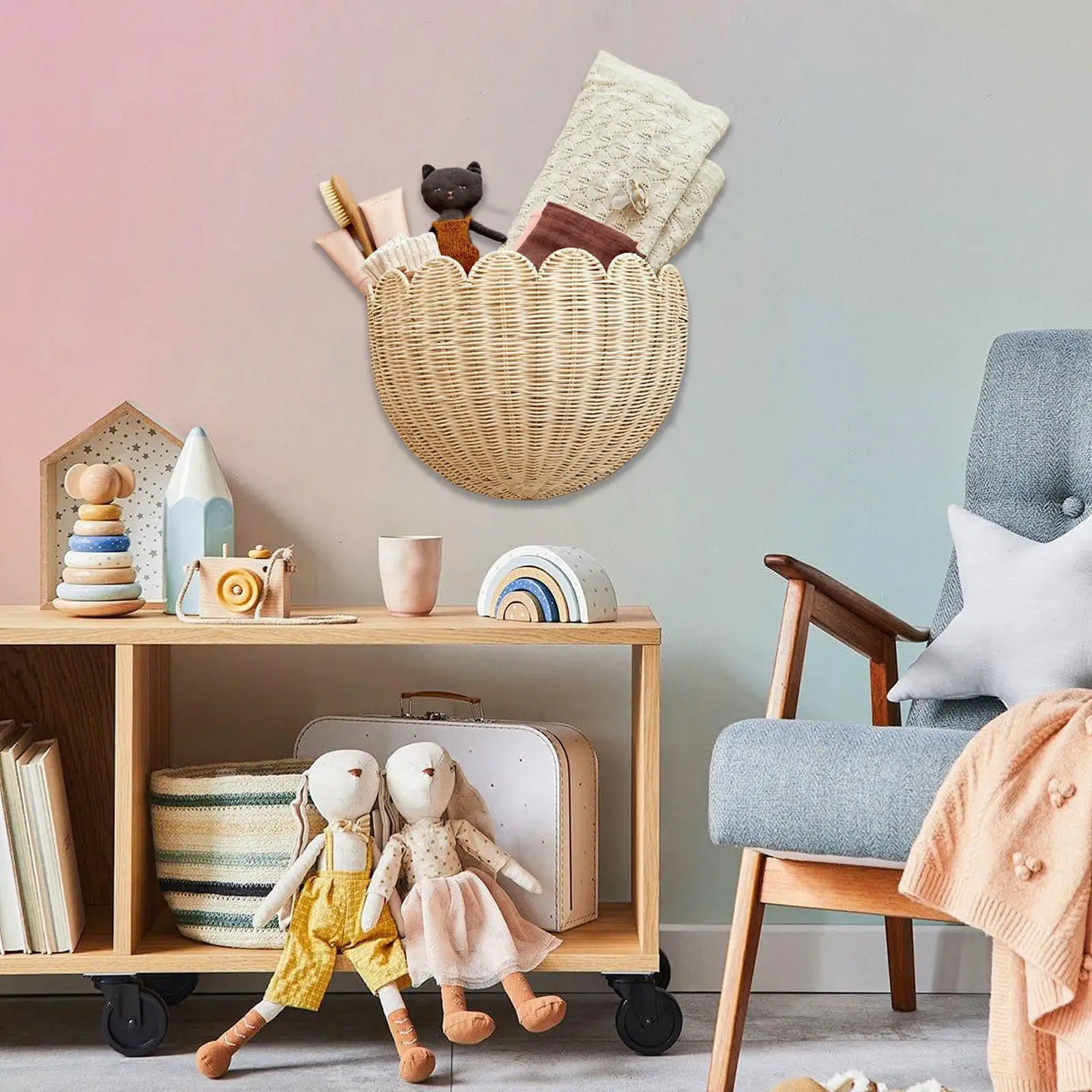 Woven Wall Hanging Basket Fruits Magazines Toys Portable Multifunctional Bin for Cabinet Farmhouse Bathroom Sundries Restaurant