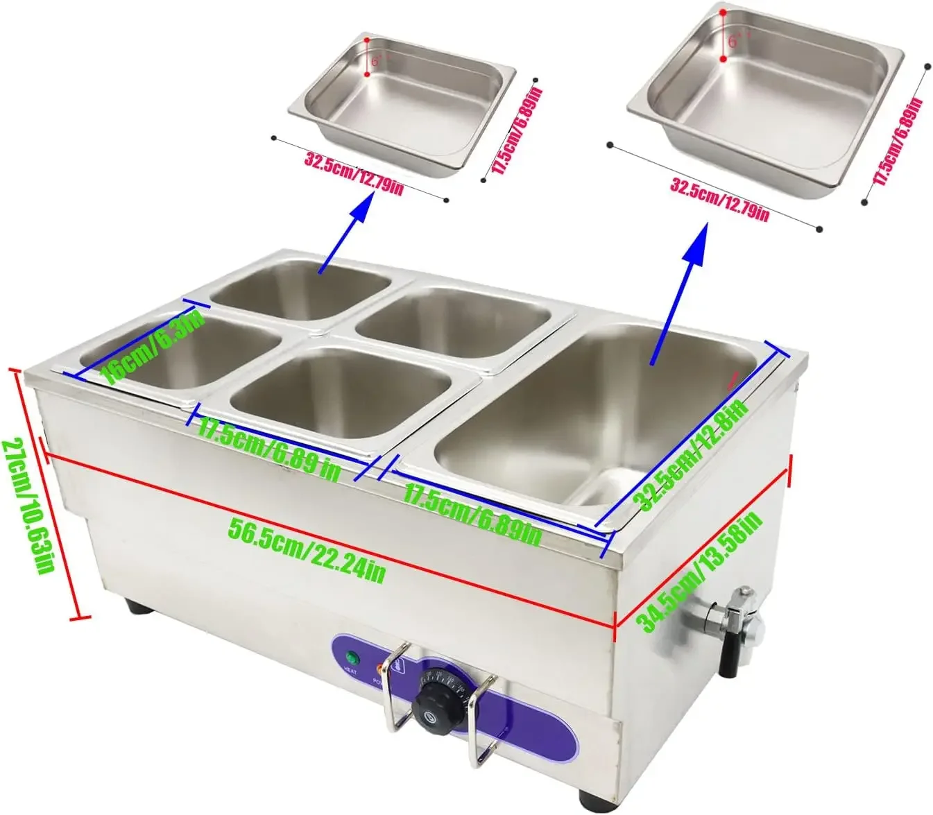 Pots Electric Commercial Food Soup Warmer Canteen Buffet Steam Heater Stainless Steel 110V 1500W 1/6 GN x4+1/3GN x