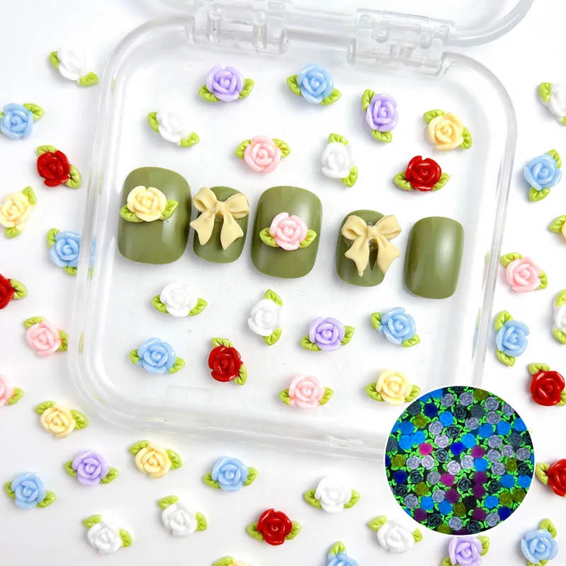 30PCS 수지 장미 네일 아트 장식 미니멀리스트 빛나는 꽃 녹색 잎 네일 매력 매니큐어 DIY 매력 공예