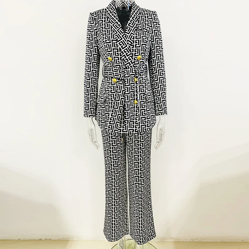 Tesco Fashion Print Women Suit 2 Piece Mid-Length Belt Blazer Straight Leg Pants Casual Set For Female Clothes ropa de mujer