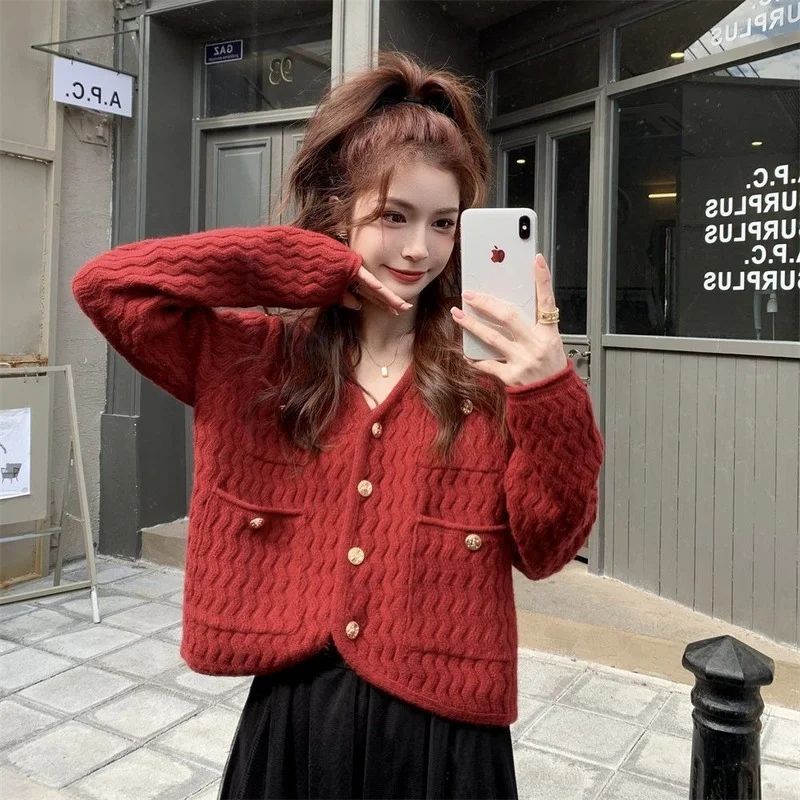 Cardigan Women Pockets Sweet Ladies Autumn Solid Trendy