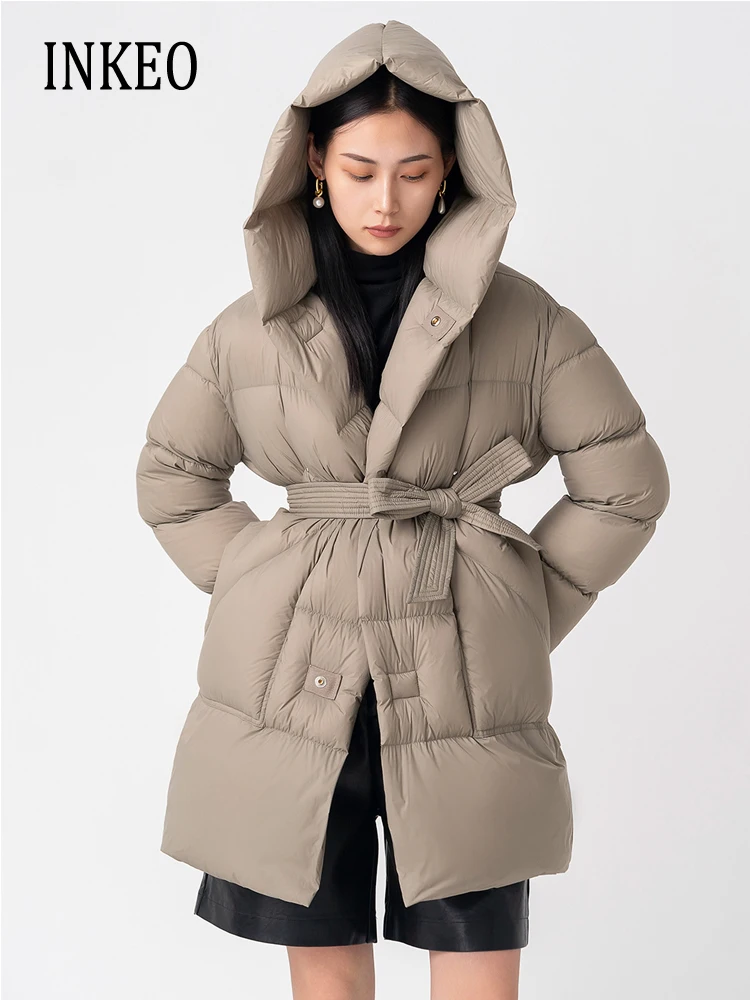 

Winter Warm Women 90% White duck down jacket with sashes Long sleeve Hooded puffer coat Solid color Casual Outwear INKEO 3O128