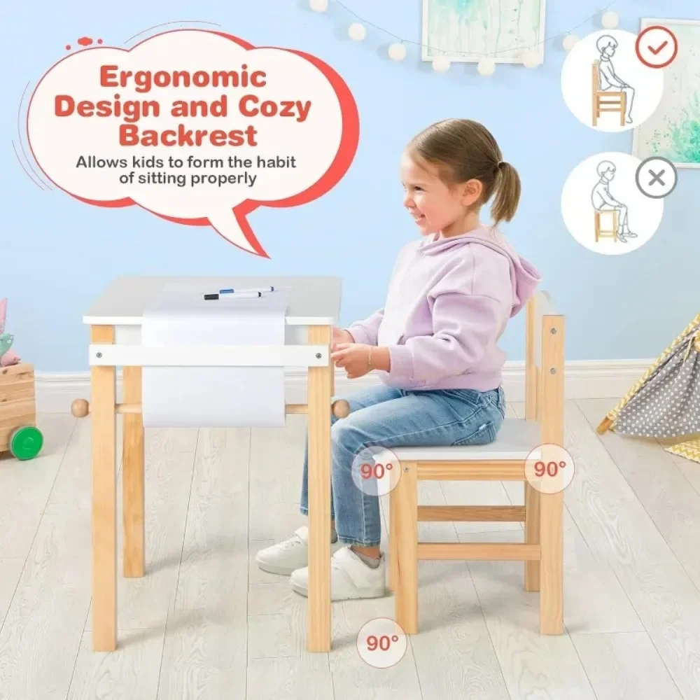 Kids Table and Chair Set, Toddler Study Desk w/Paper Roll, Drawer, 2 Marker Pens, Wooden Activity Table Set for Playroom 3