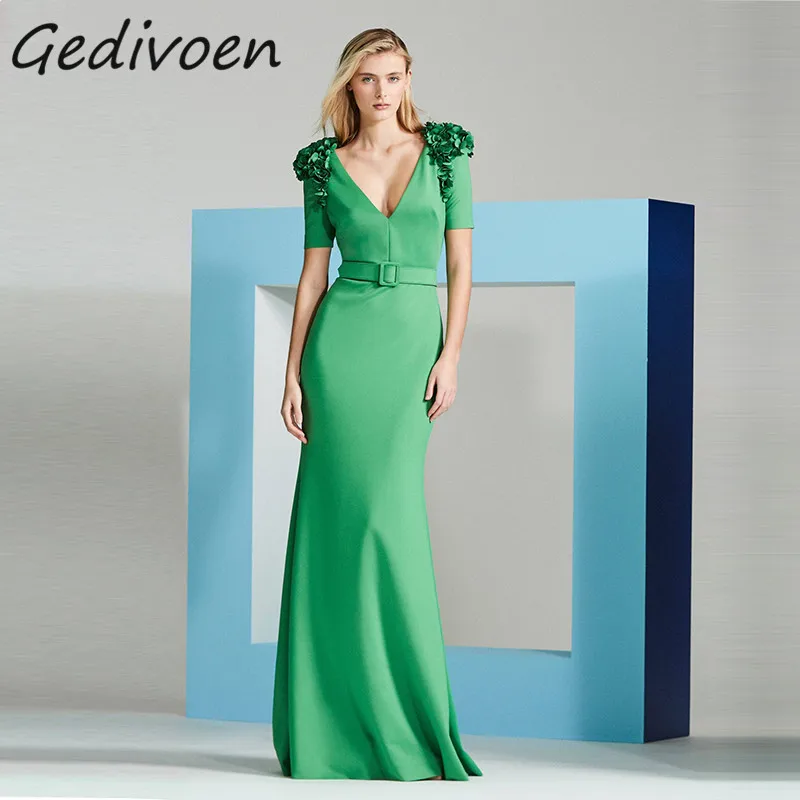 

Gedivoen Summer Fashion Runway Vintage Green Dress Women's V-Neck Appliques Sashes Gathered Waist Evening Party Maxi Long Dress