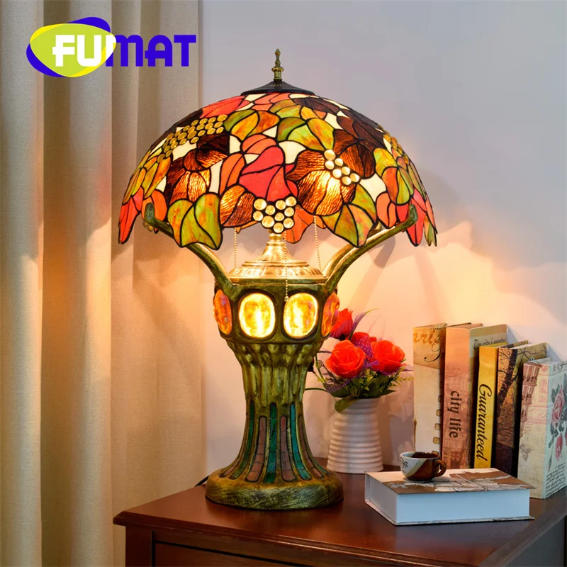 

FUMAT Tiffany grape stained glass desk lamp retro style art Deco living room study bedroom bar decorative lamp Lighting lamp