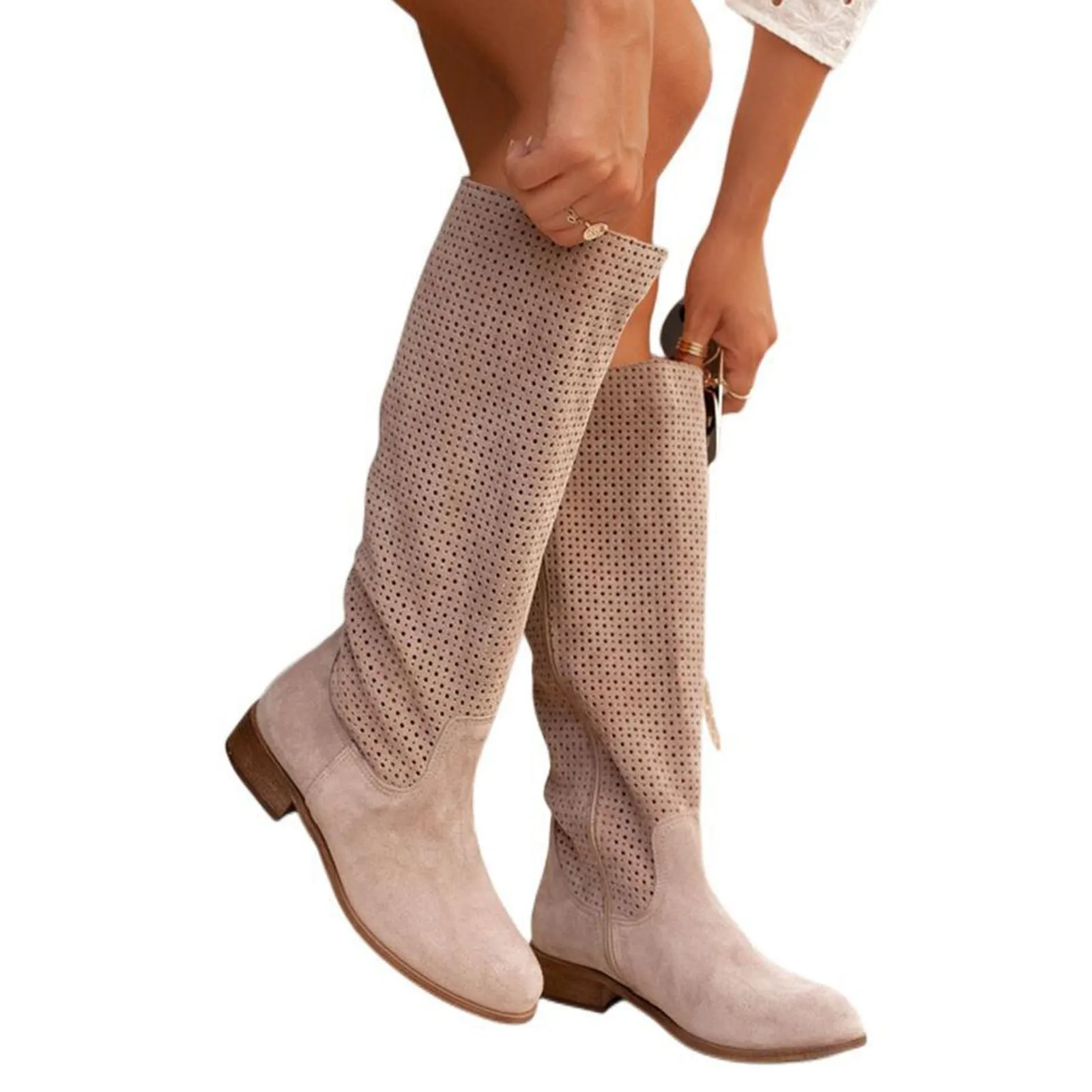 여성용 카키 편안한 로우 힐, 라운드 토, 천공 스웨이드 부츠, 롱 부츠, 넓은 종아리 힐, 가을 및 겨울