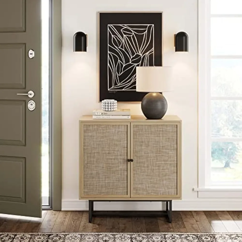 Kova Accent Sideboard Storage Cabinet in Light Wood and Rattan with Metal Frame, Adjustable Shelves and Cane Doors, for Hallway 4