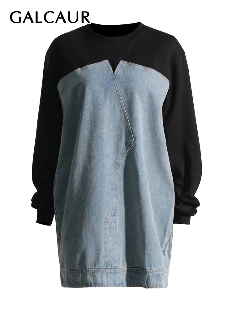 

GALCAUR Casual Spliced Denim Mini Dresses For Women Round Neck Long Sleeve Minimalist Loose Dress Female Autumn Fashion Clothing