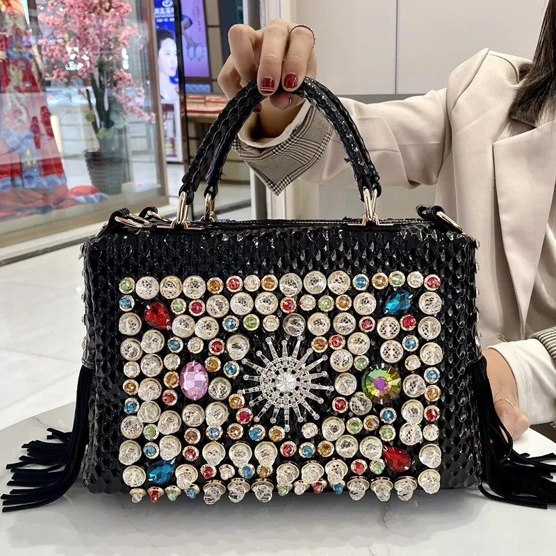 

Luxury Fashion Brand Diamonds Women's Handbags Genuine Leather Tassel Rhinestone Large Capacity Female Shoulder Crossbody Bags