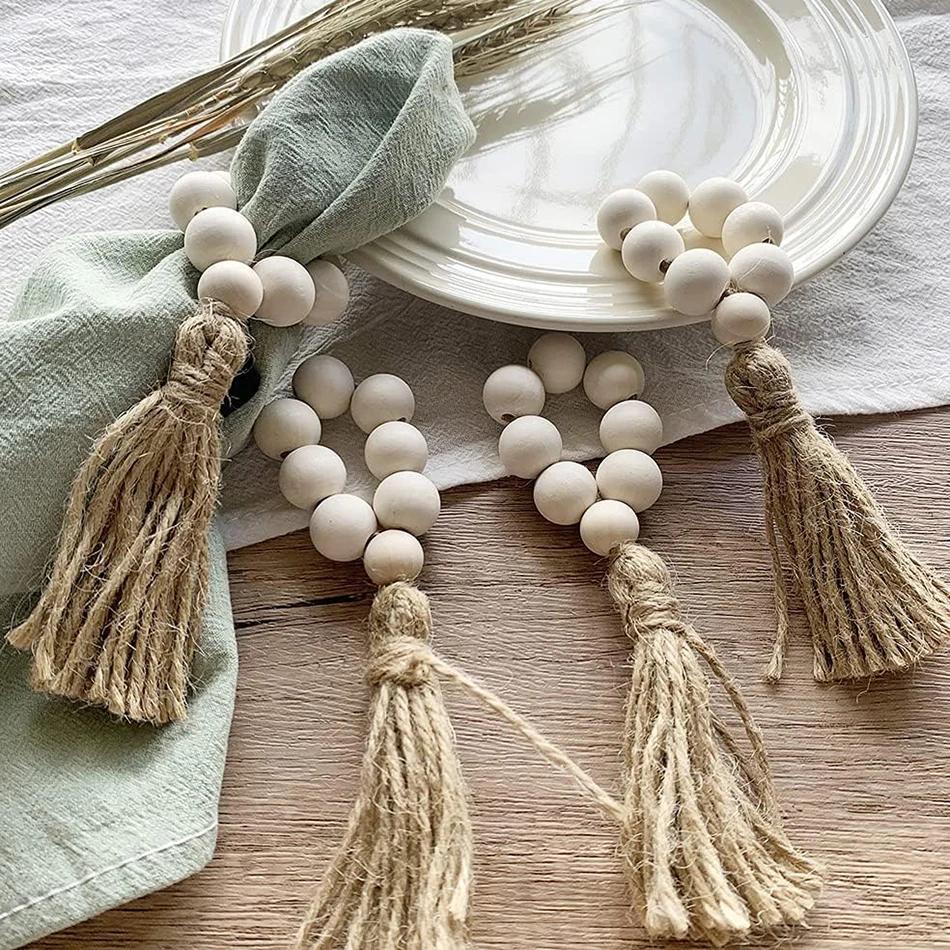 

Factory Direct Wood Bead Napkin Rings Holder With Tassels Natural Wooden Farmhouse Gatherings Wedding Easter Ramadan Party Decor