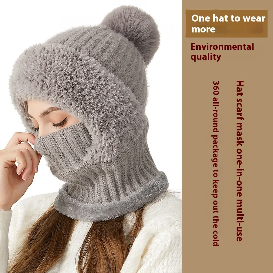 Fashionable New Simple Thickened Velvet Hat Scarf Mask One-piece Hat Winter Warm Hat Yarn Hat Women_voghion.com