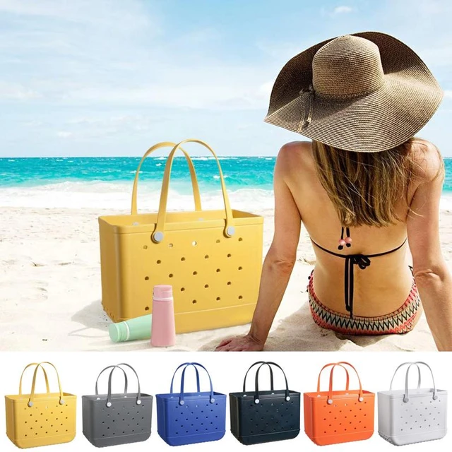 Bolso de mano grande de goma lavable para mujer, bolsa de playa impermeable  con agujeros, elegante,
