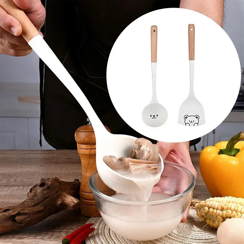 2Pcs Cartoon Spatula Spoon Wooden Handle Cooking Turner Non-Stick Silicone Soup Spoon Ladle Kitchen Pancakes Frying Pan Shovel