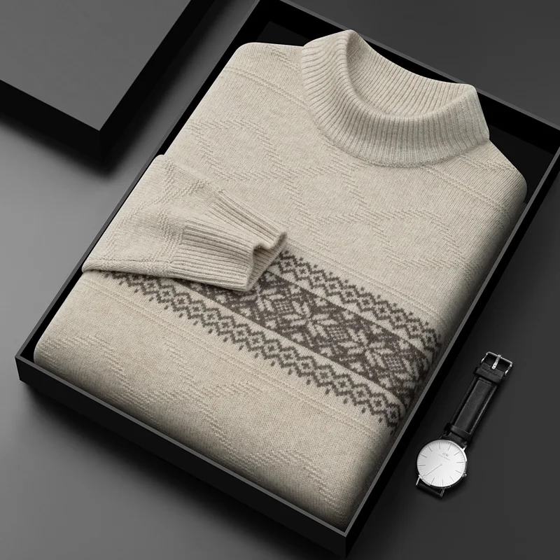

High Quality 100% Wool Sweater 2023 Winter Fashion Knitted Sweater Pullover Half Turtleneck Gradient Color Pattern Men's Sweater