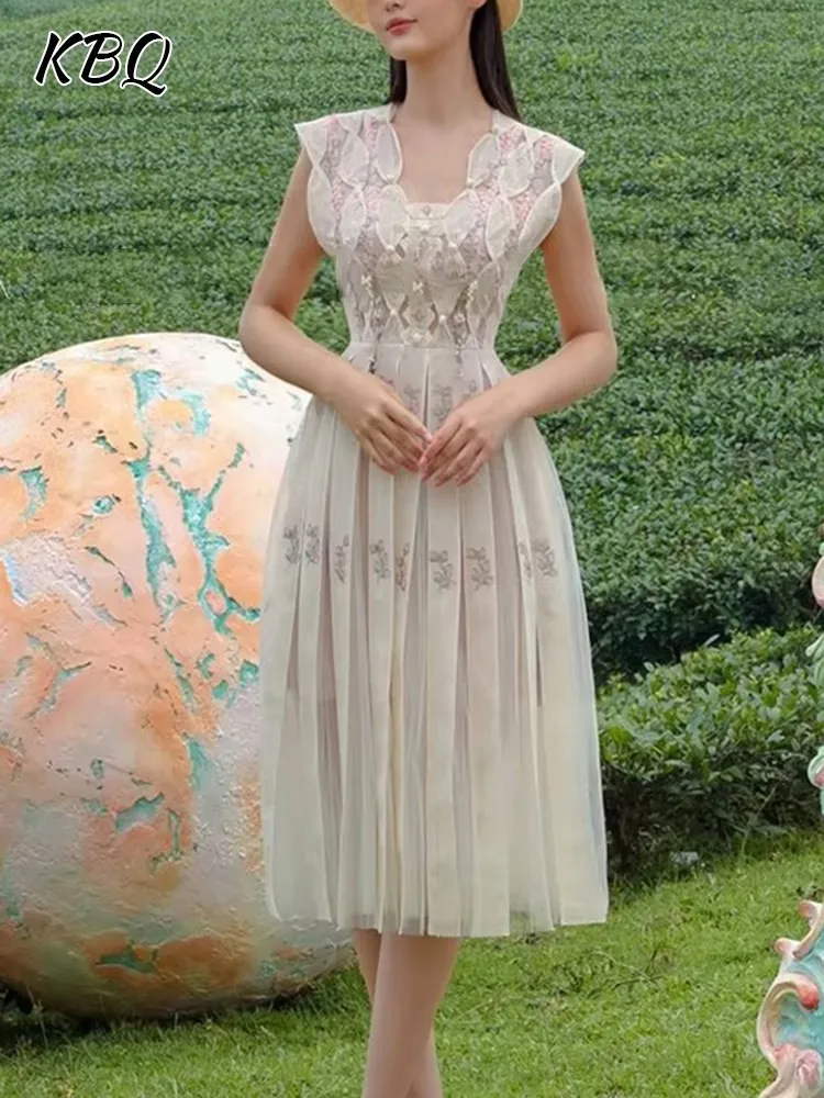 

KBQ Patchwork Lace Printing Dresses For Women V Neck Sleeveless High Waist Patchwork Folds Causal Dress Female Fashion Clothing