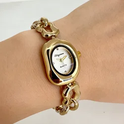 Chic Oval Dial Women's Watch with Chain Bracelet - Simple, Versatile, and Elegant - No (Gold White)