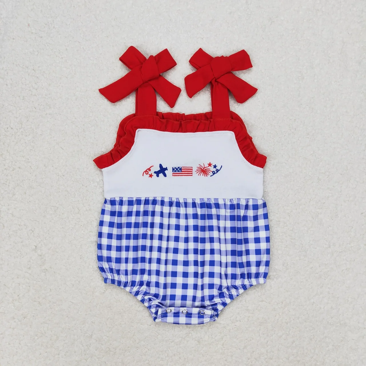 Newborn July 4th Romper Suspender Embroidery Flag Dog Jumpsuit