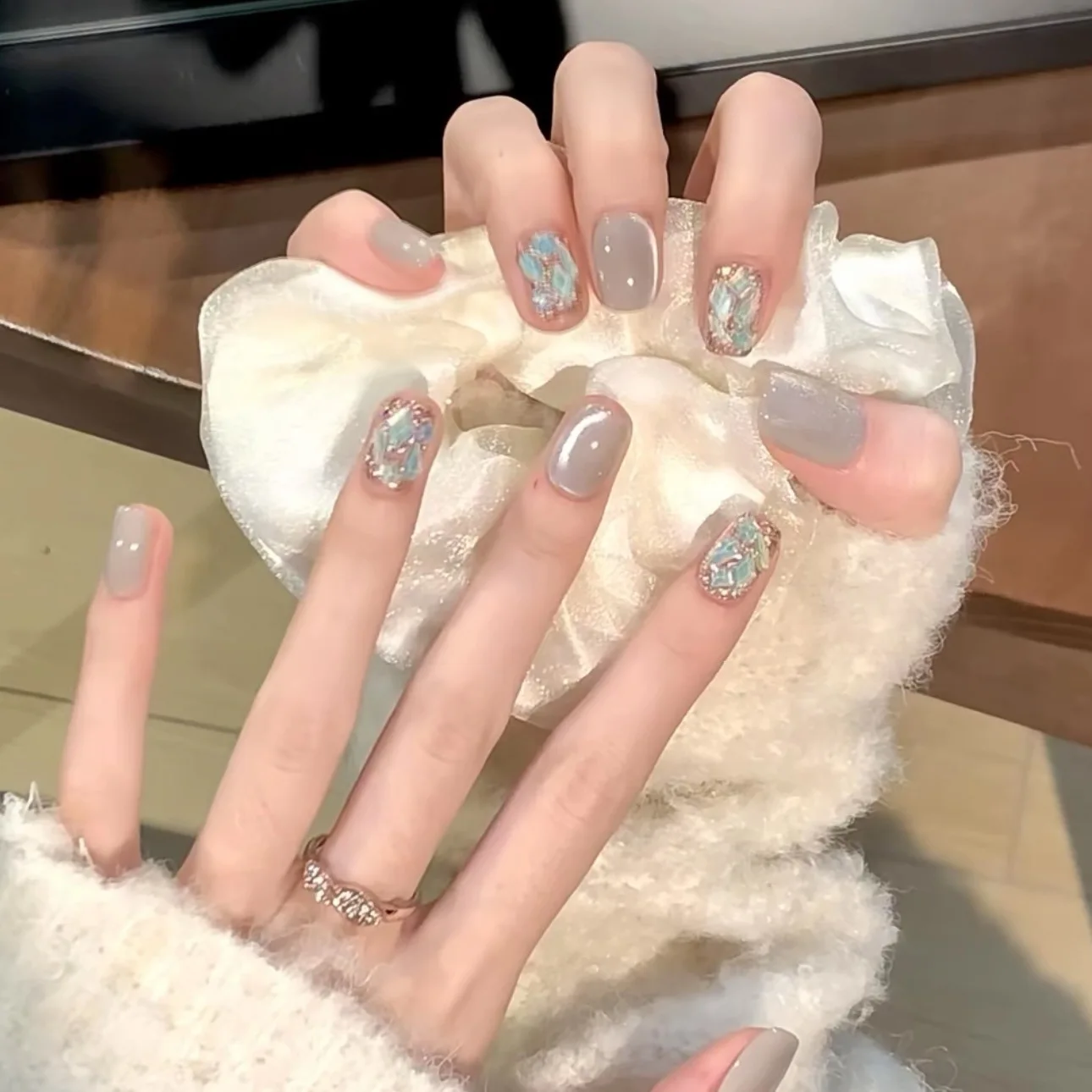 

10Pcs Green Handmade Cat Eye Press on Nails French Rhinestone Decoration False Nail Glitter Wearable Manicure Fake Nail Tips Art