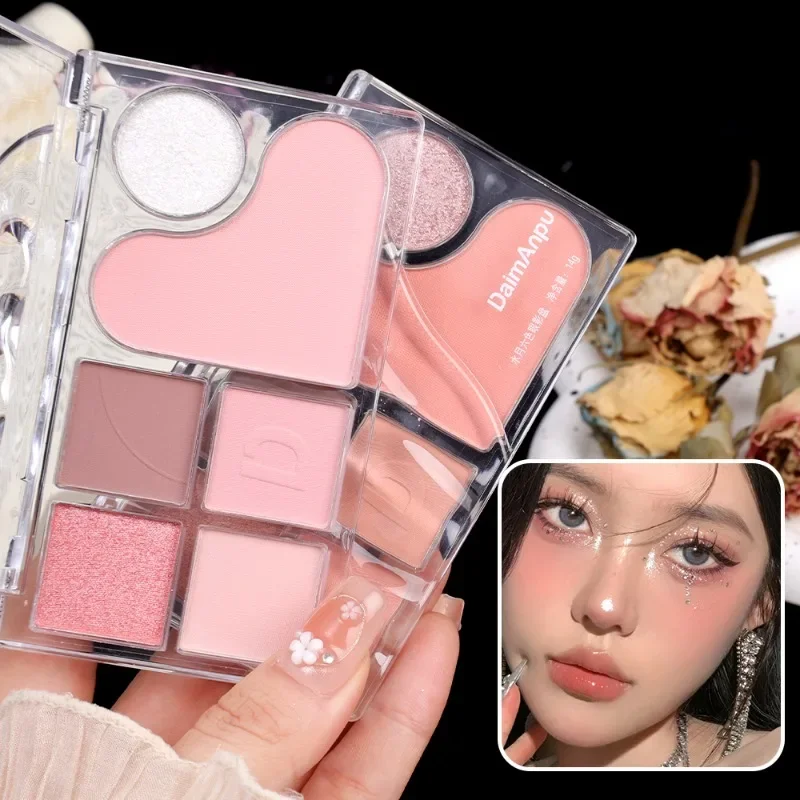 6 Colors Pink Heart Eyeshadow Palette Comprehensive Eye Shadow Disc Beginner Matte Highlight Brightening Powder Blusher One Disc eye shadow plate