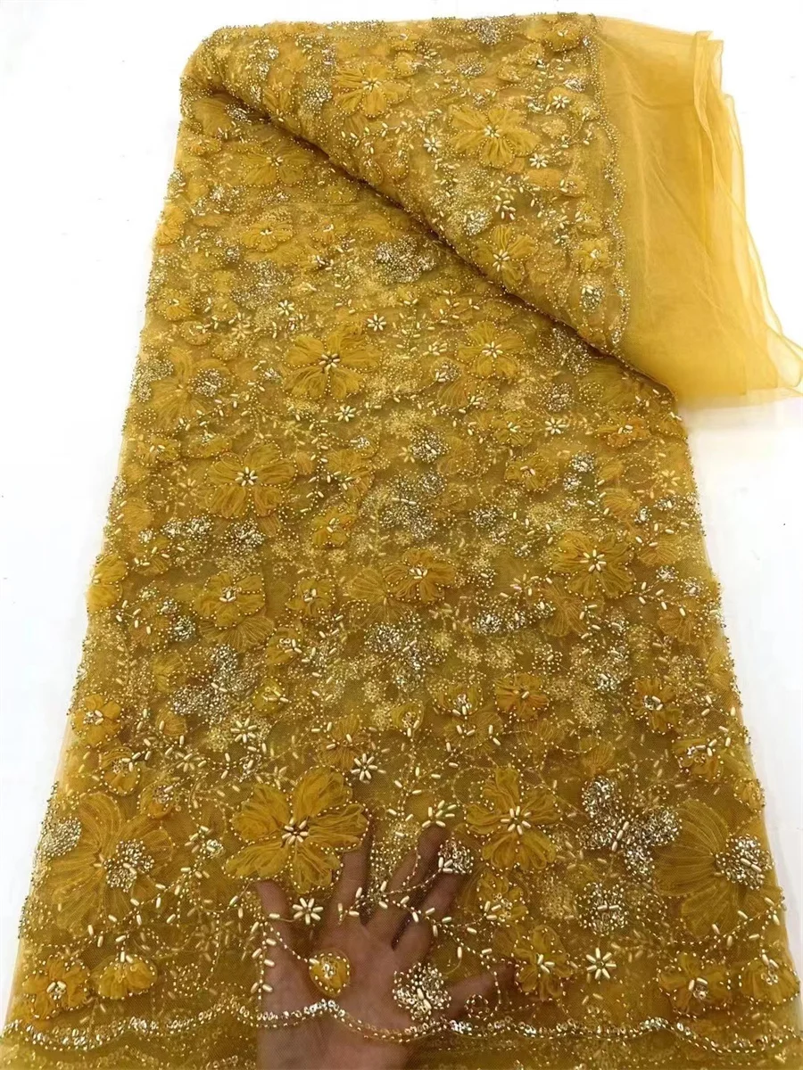 

2024 Latest African 3D Flower Lace Fabric Dubai Sequins Tulle Lace Fabric Embroidered Applique Nigerian Fabric for Sewing