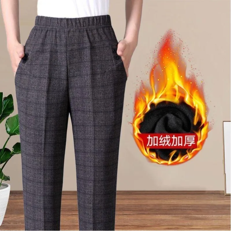 Autumn and Winter Women's Elastic High Waist Solid Plaid Stripe Pockets Loose Fit Straight Tube Plush Thickened Fashion Pants