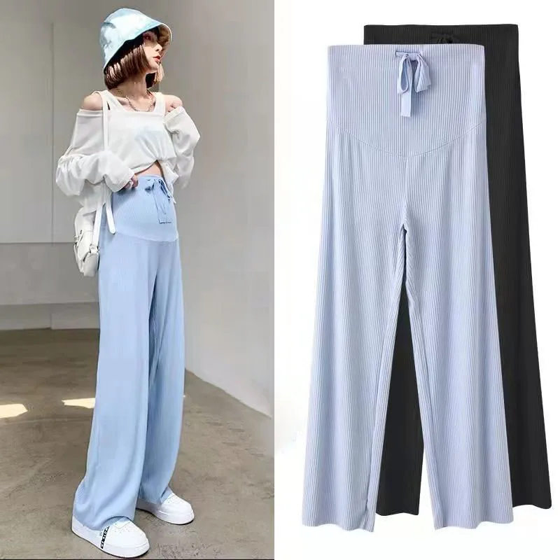 Maternity High Waist Abdomen Pants Summer Thin Cotton Trouser For Pregnant Women Wide Leg Loose Prenancy Full Length Belly Pants women summer thin knit trousers black wide leg loose pants ankle length pants casual trouser elastic waist plus size pants