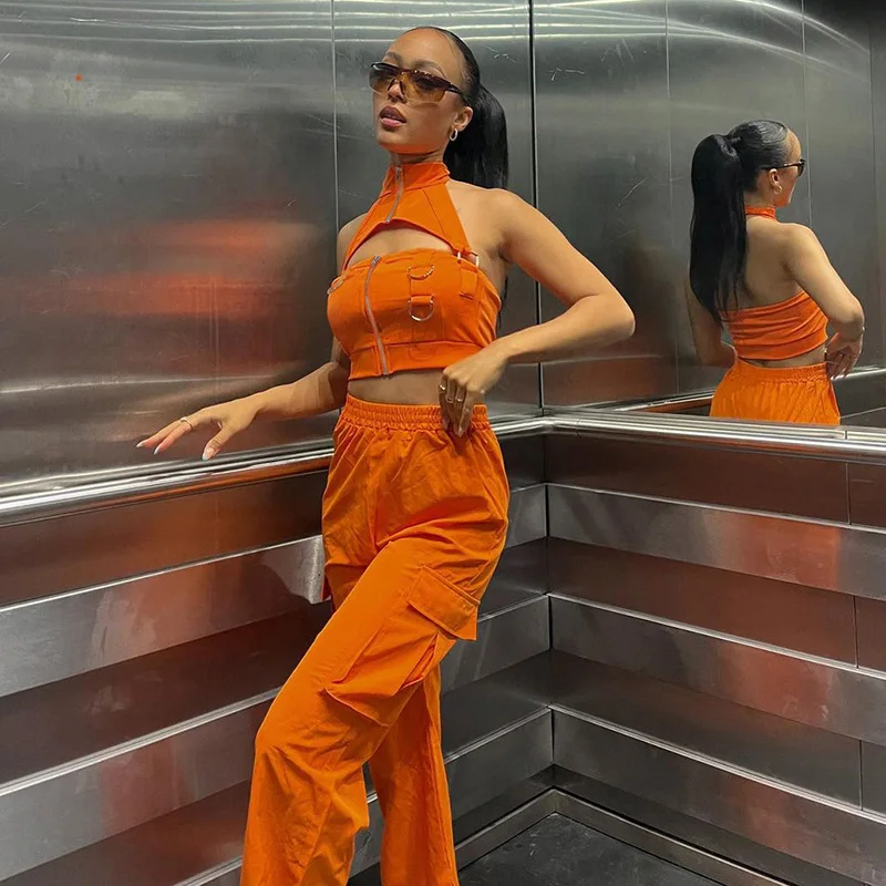 Puloru Orange Baggy Cargo Pants Women Casual High Elasitc Waist Straight-Leg Trousers with Side Pockets Streetwear Sweatpants 4