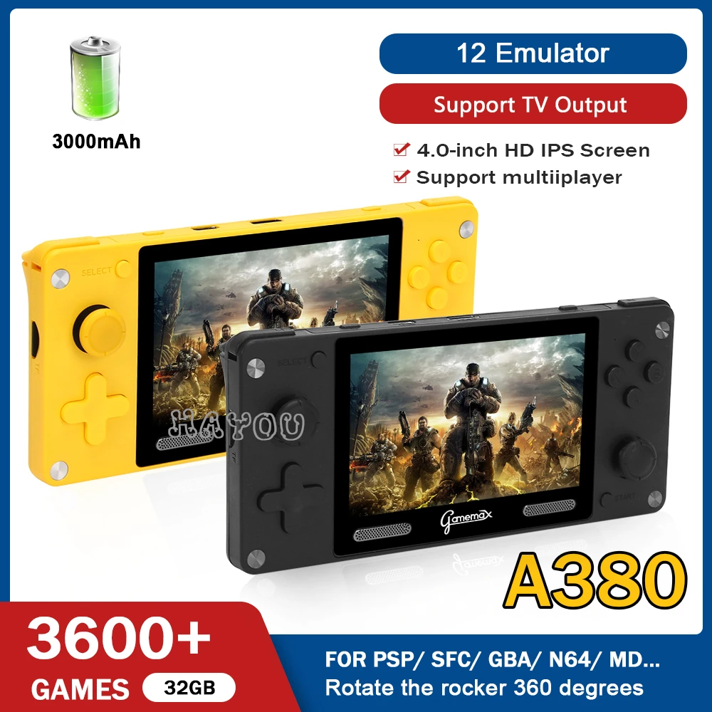 A380 Retro Video Game Console Handheld Game Player Bulit-in12 Formats 4 inch HD IPS Screen Portable Gaming Console  3600+ Games