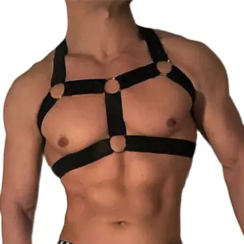 Imbracatura da uomo sexy con cinghie, bondage per spalle e petto, lingerie con anello in metallo, cintura elastica, intimo erotico da uomo traforato