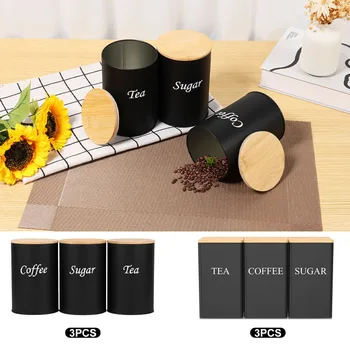 3Pcs Coffee Bean Storage with Bamboo Lid Metal Coffee Tea Sugar Container Name Marker Storage Jar Kitchen Storage & Organization